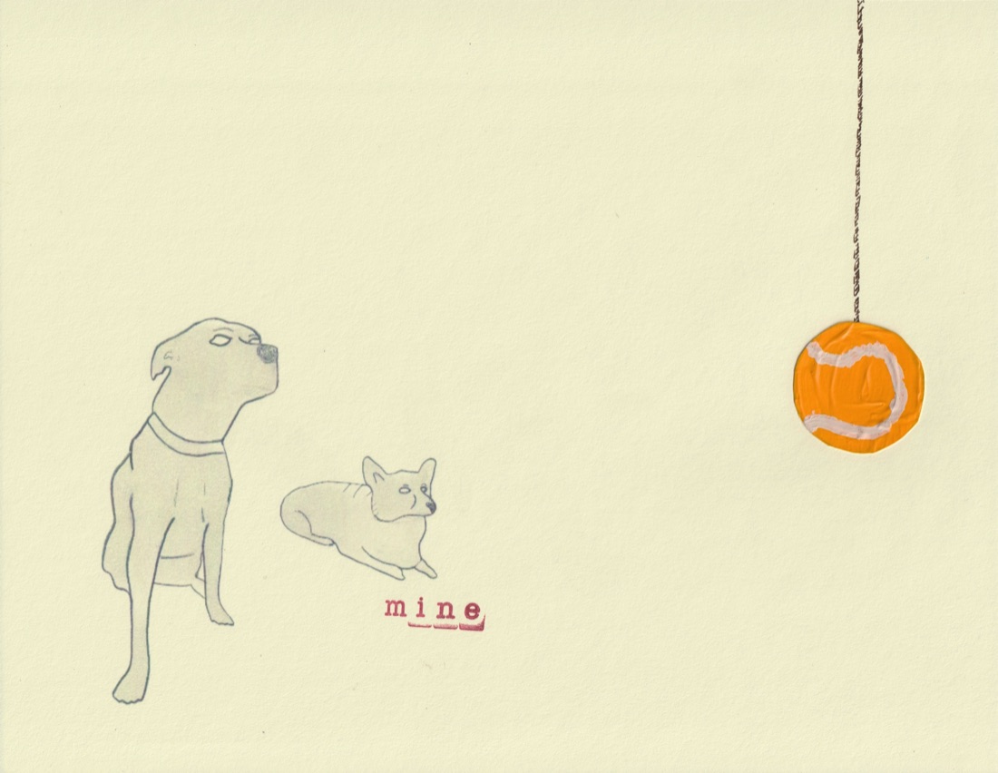 Two Dogs, One Ball — coloured pencil drawing