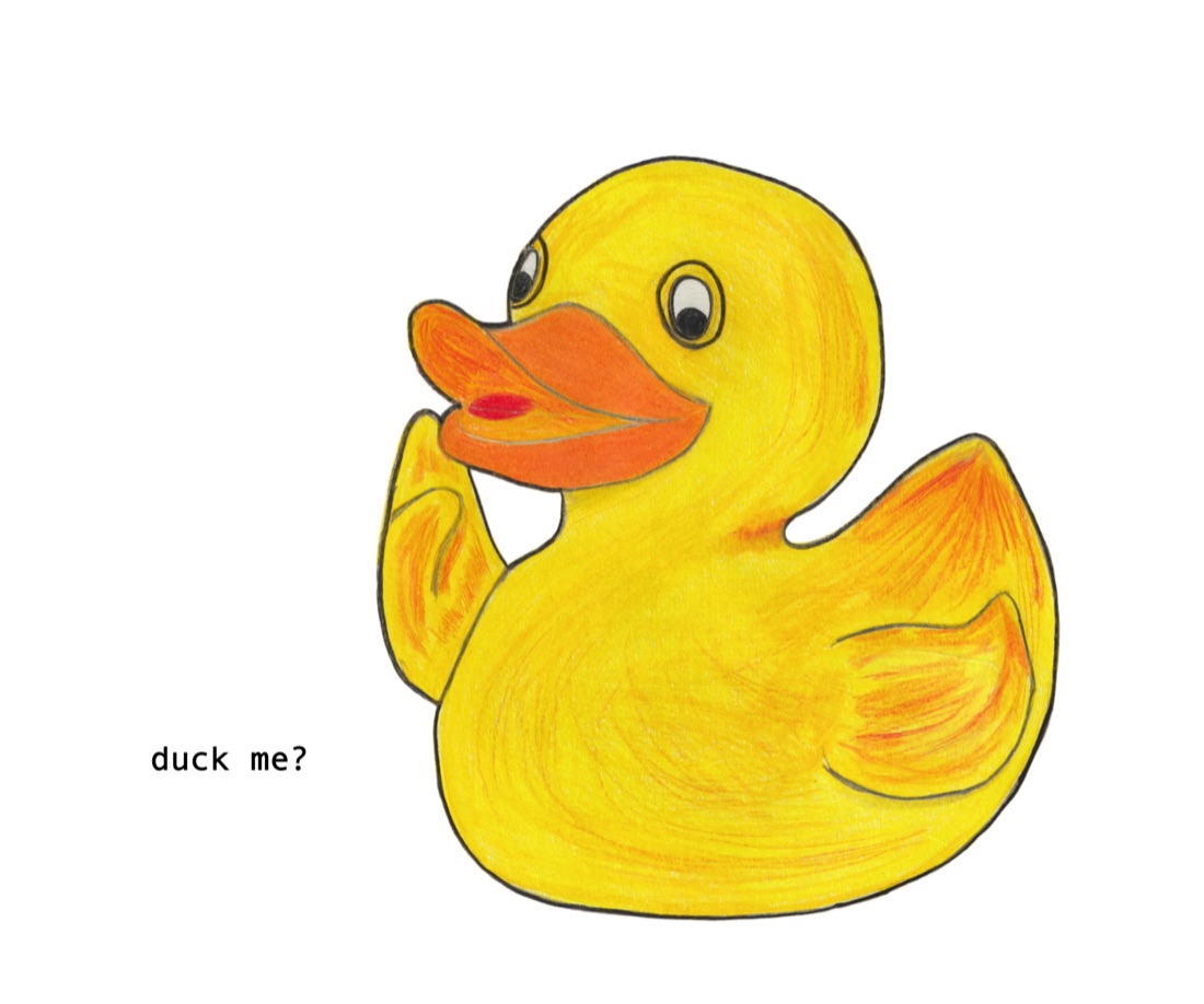 The same rubber duck in profile, beak open mid-reply