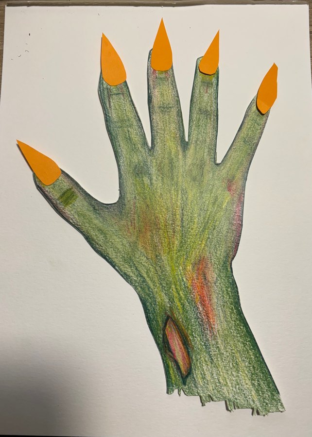 A hand drawn in green, yellow and olive coloured pencil, cut out and mounted on white paper, with five long pointed orange claws in cut paper standing off the surface